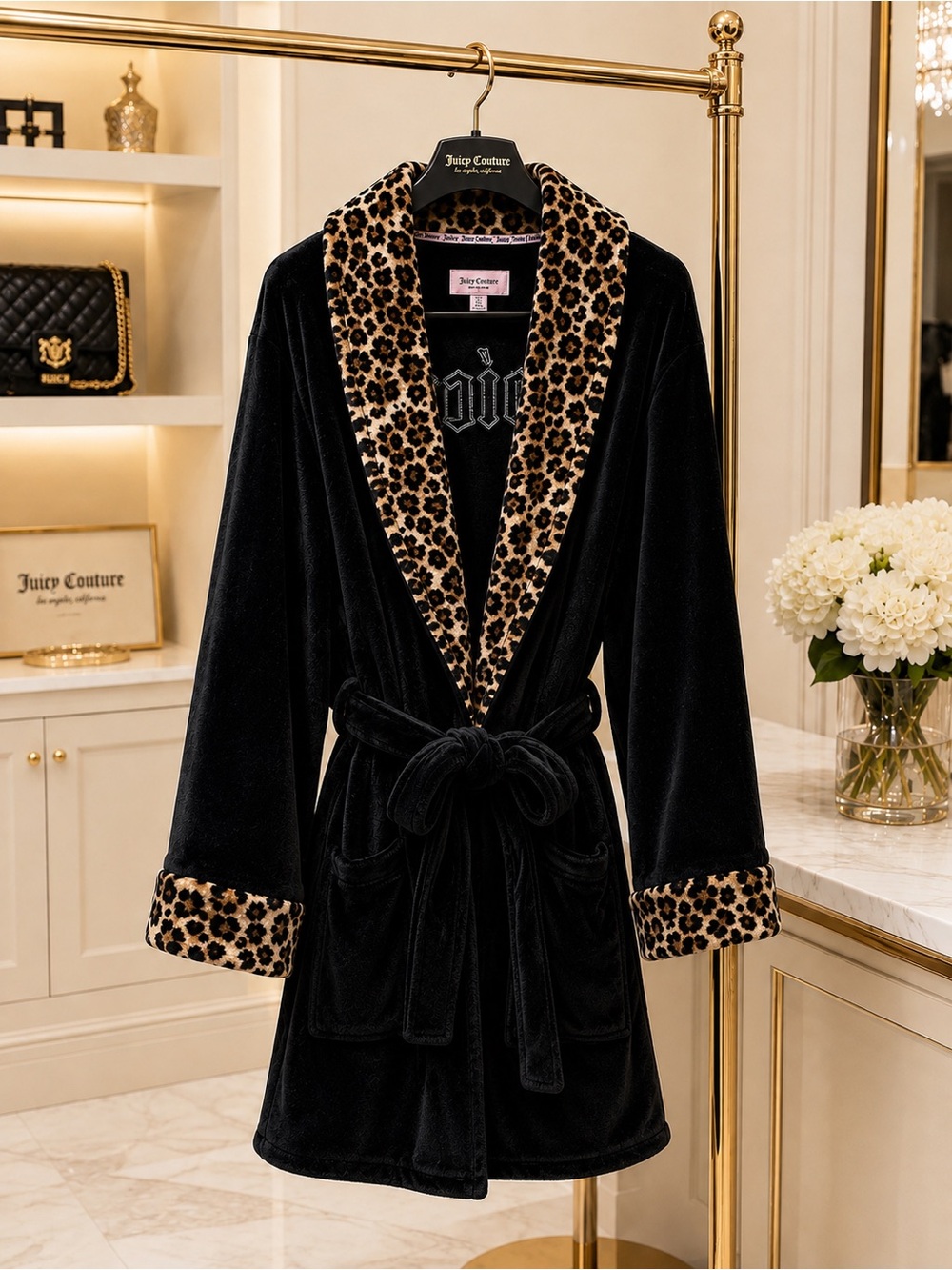 Juicy Couture Black Robe with Leopard-Print Trim